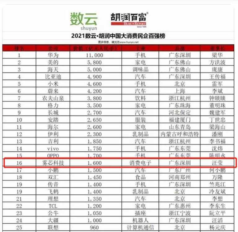 悦刻电子烟以1600亿跻身胡润大消费民企百强榜第16位
