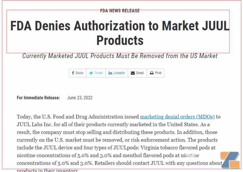 FDA拒绝了JUUL烟草和薄荷醇产品PMTA申请，将不能在美国销售