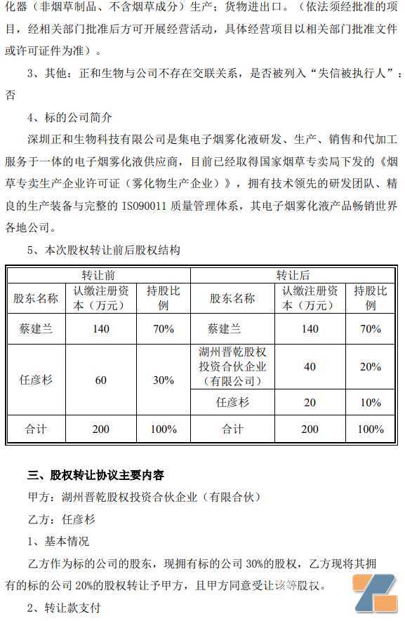 小崧股份投资电子烟雾化物公司正和生物，持股20%