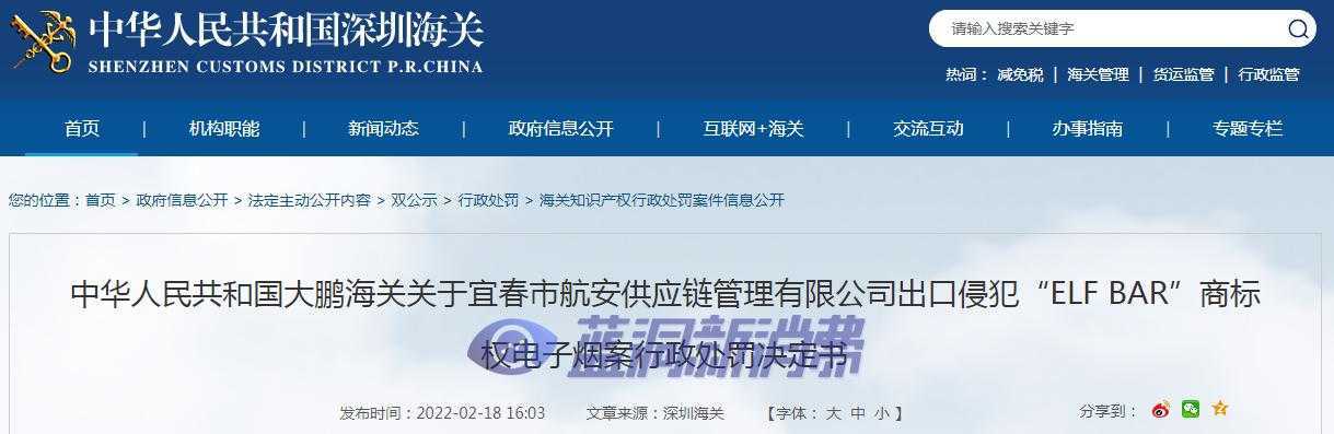 image.png 宜春一公司出口侵犯ELF BAR电子烟商标被罚:被罚2万元